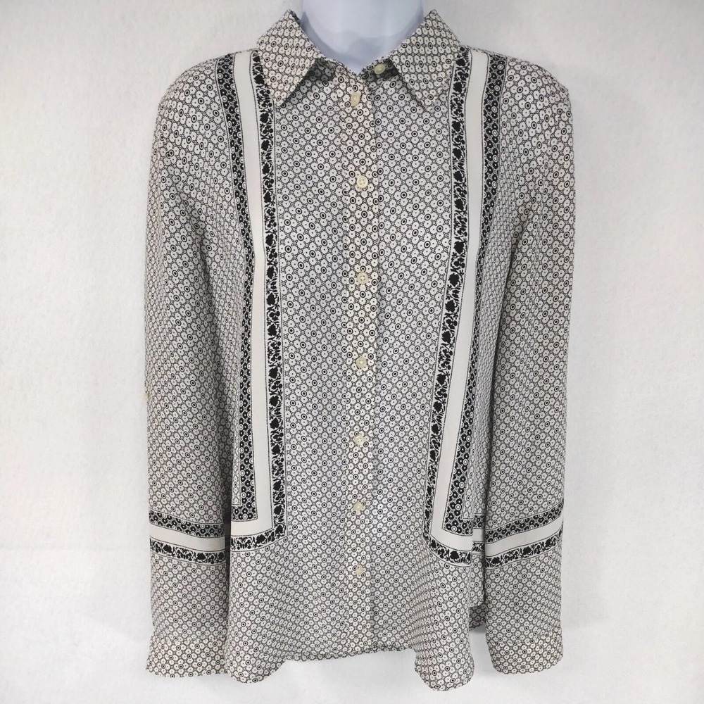 Loft Outlet Blouse Women's Medium Button Up Geometric Print Roll Tab Black White